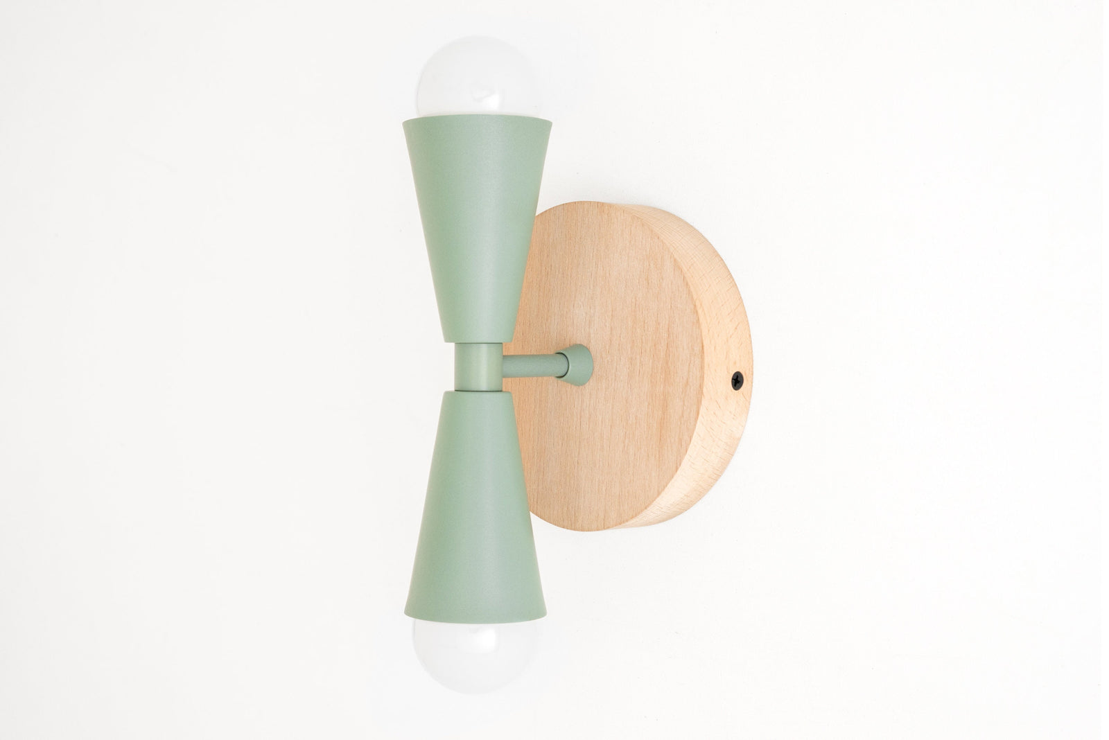 Scandinavian style wall sconce with natural beechwood round base and matte green double cone metal shades with exposed bulbs. - SCONCE MODEL NO. 4717