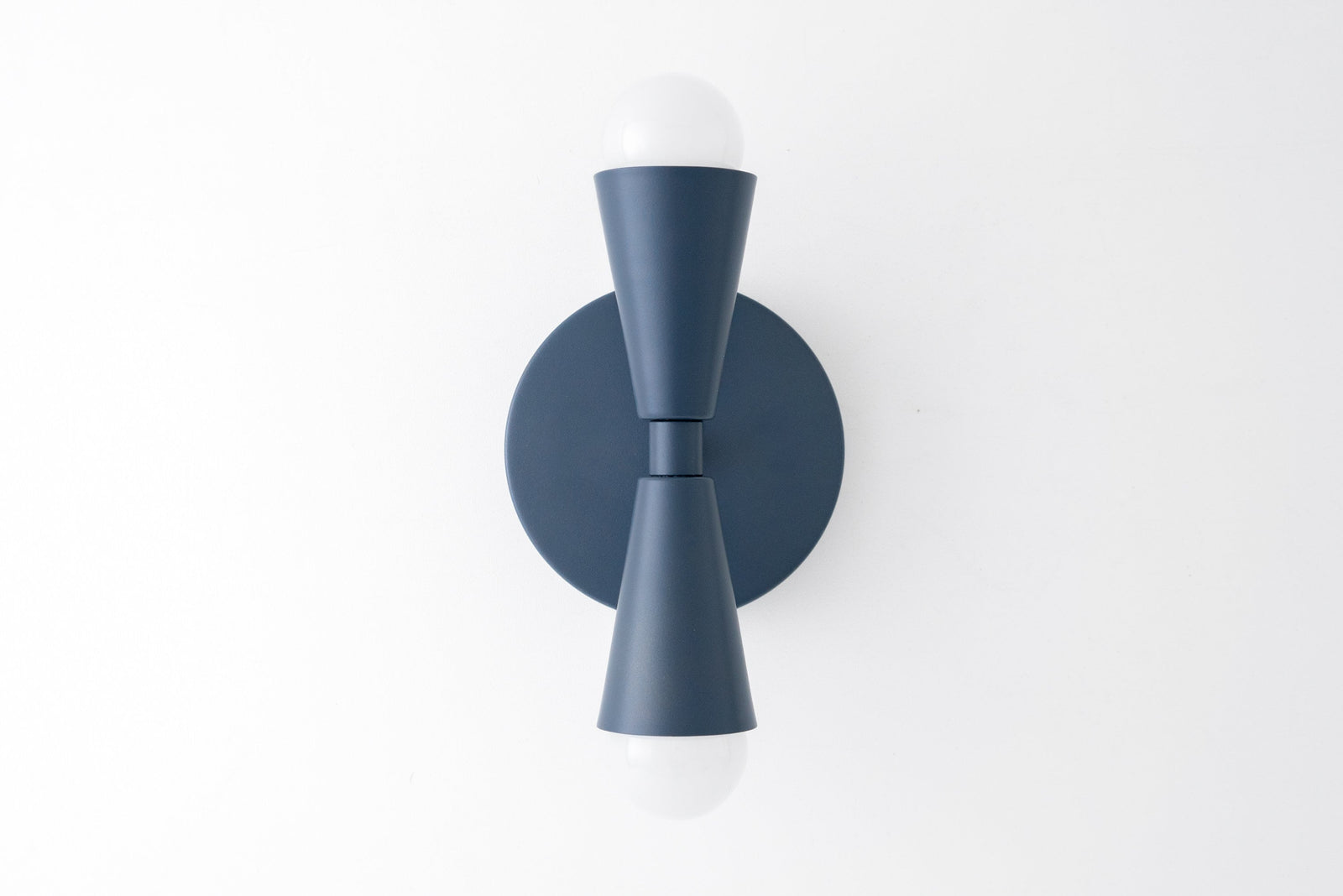 Coal blue double cone wall sconce with exposed bulbs and round backplate. - SCONCE MODEL NO. 4717