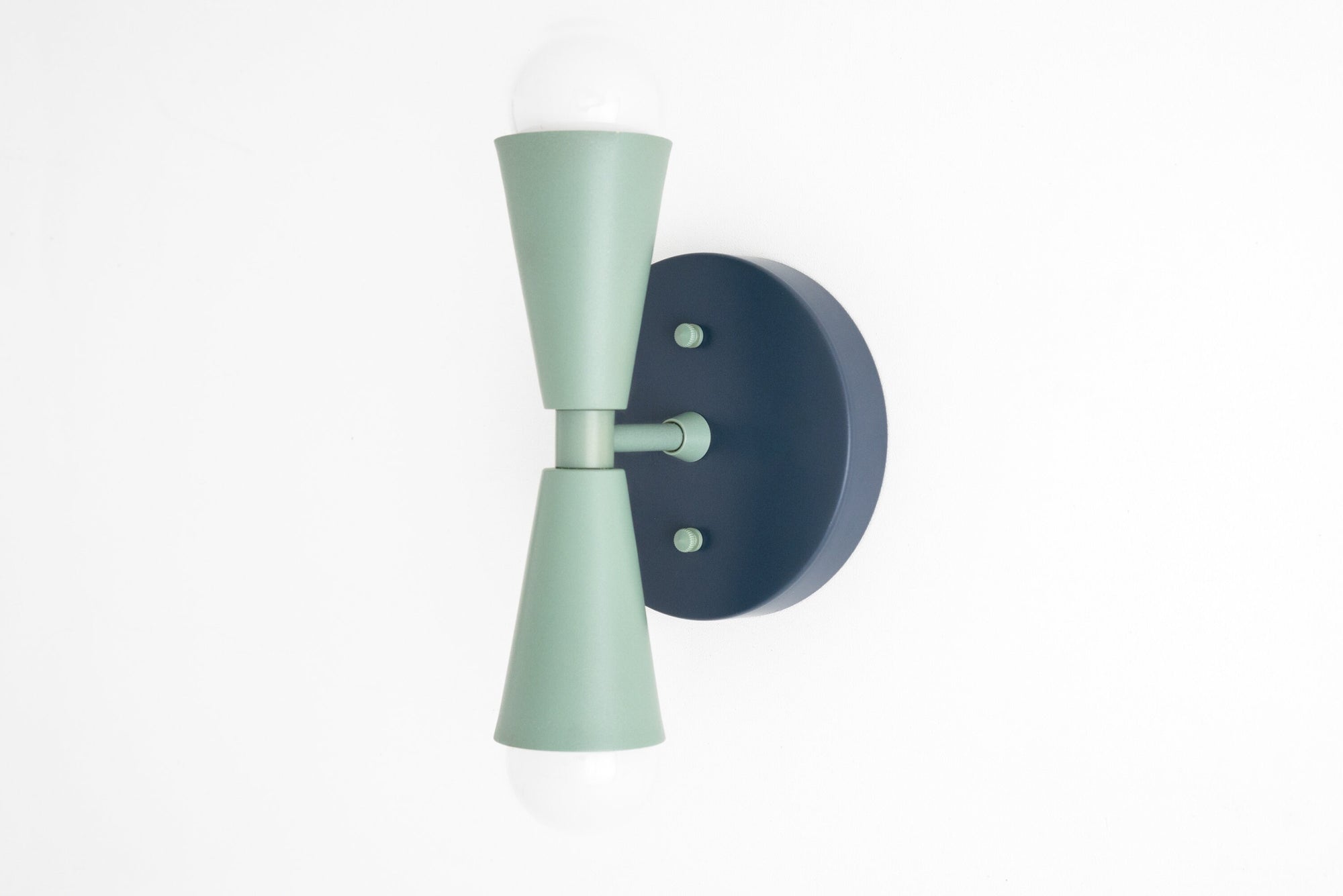 Art Deco coal blue and green metal wall sconce with two exposed bulbs and round backplate. - SCONCE MODEL NO. 4717