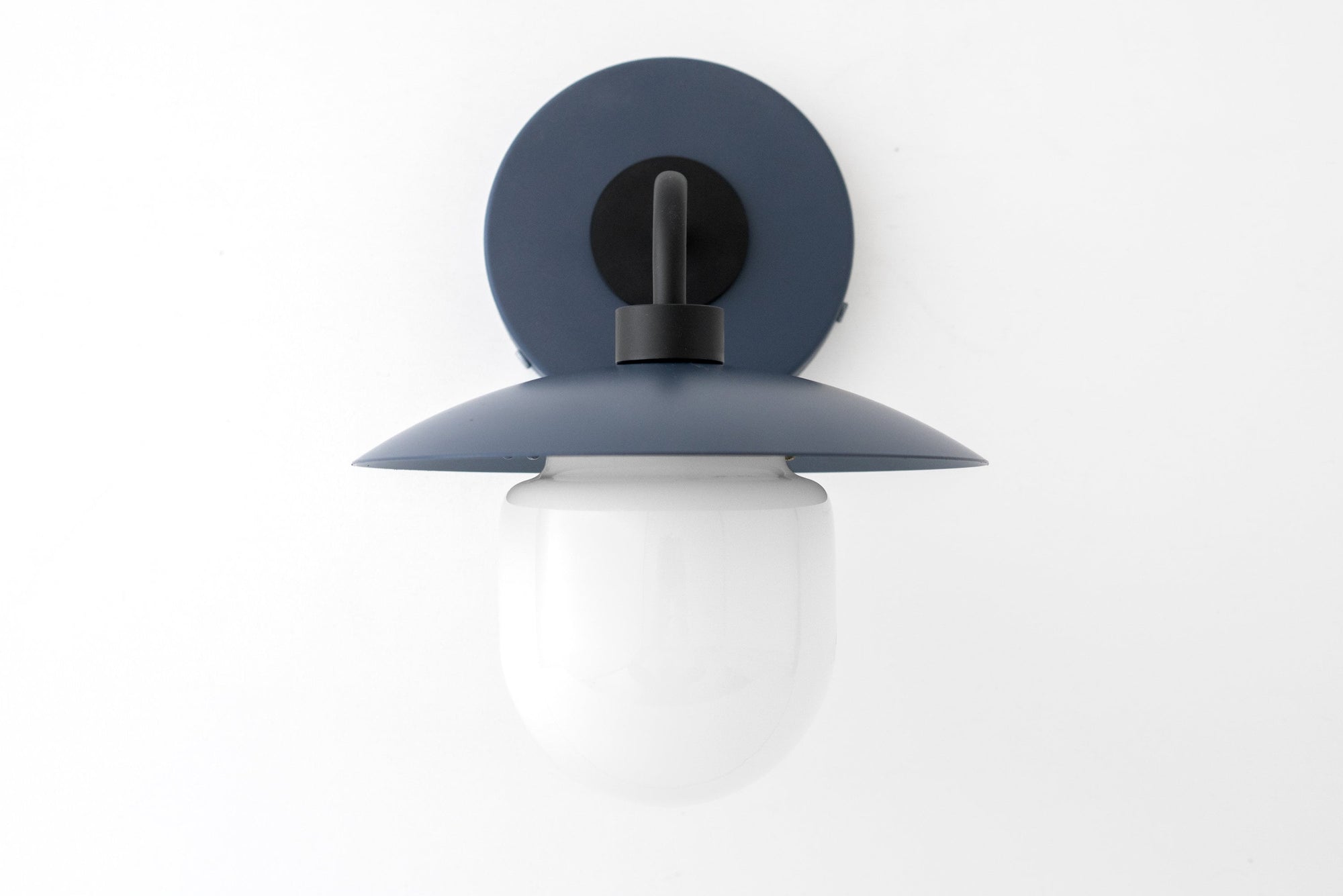 Black Scandinavian semi-flush wall sconce with dark blue metal shade and white globe diffuser. - SCONCE MODEL NO. 7039