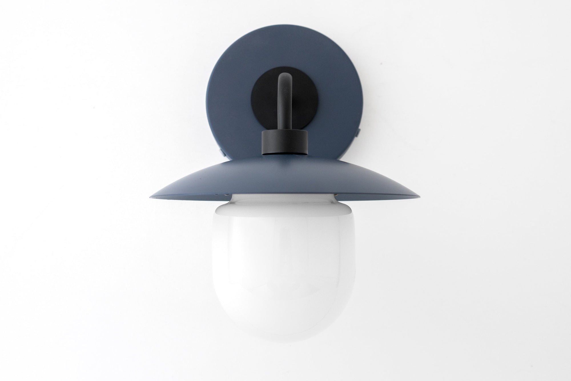 Black matte Scandinavian sconces with coal blue semi-flush metal shade and frosted glass globe. - SCONCE MODEL NO. 7039