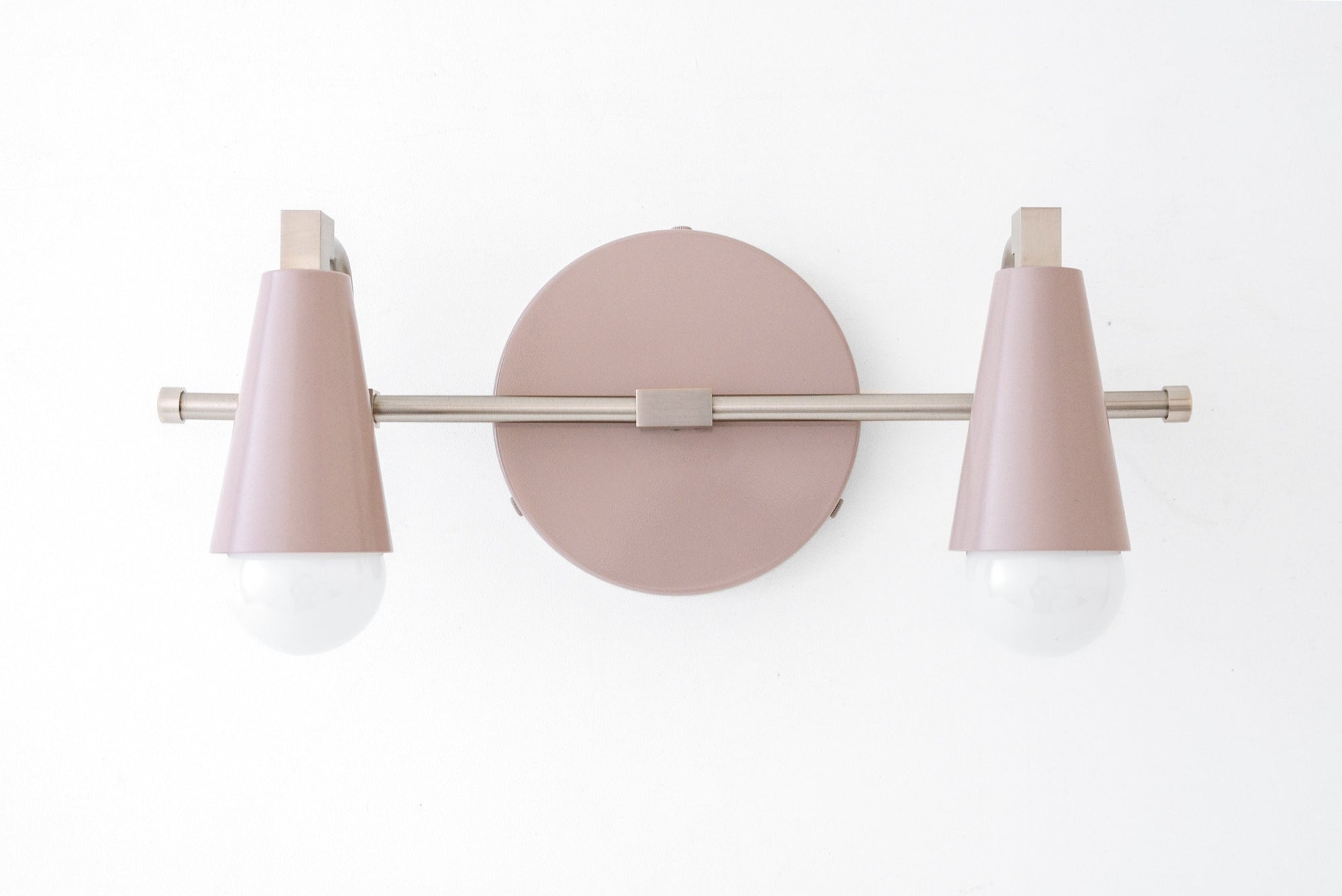 Scandinavian style 2-bulb vanity light with mauve metal shades and brushed nickel finish. - VANITY LIGHT MODEL NO. 1229