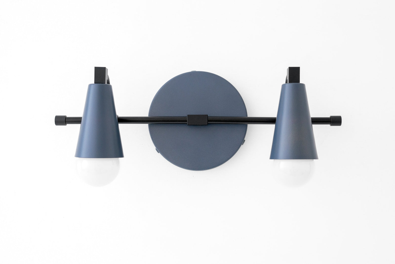 Industrial style black vanity light with two cone-shaped coal blue shades and exposed bulbs. - VANITY LIGHT MODEL NO. 1229