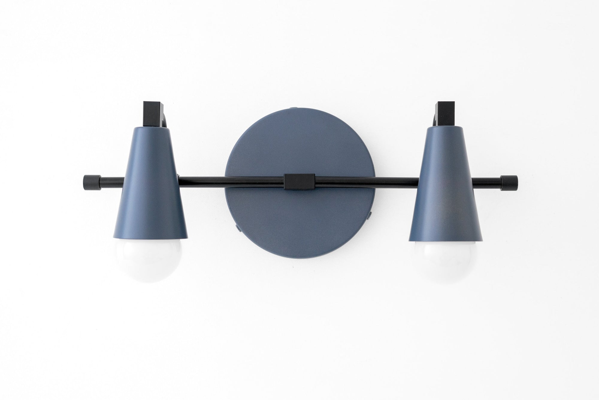 Industrial style black vanity light with two cone-shaped coal blue shades and exposed bulbs. - VANITY LIGHT MODEL NO. 1229