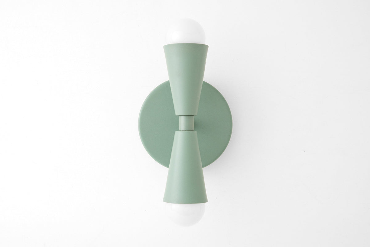 Matte green Art Deco semi-flush sconce with exposed bulbs and circular wall mount. - SCONCE MODEL NO. 4717