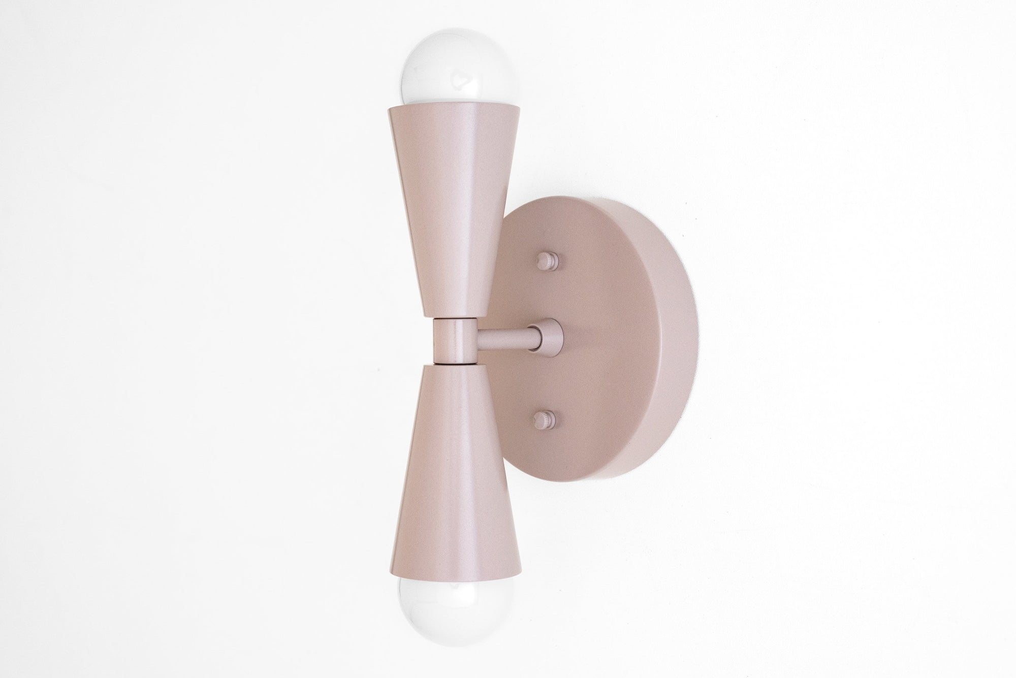 Mauve Art Deco sconce with dual cone-shaped shades and exposed bulbs, wall-mounted design. - SCONCE MODEL NO. 4717