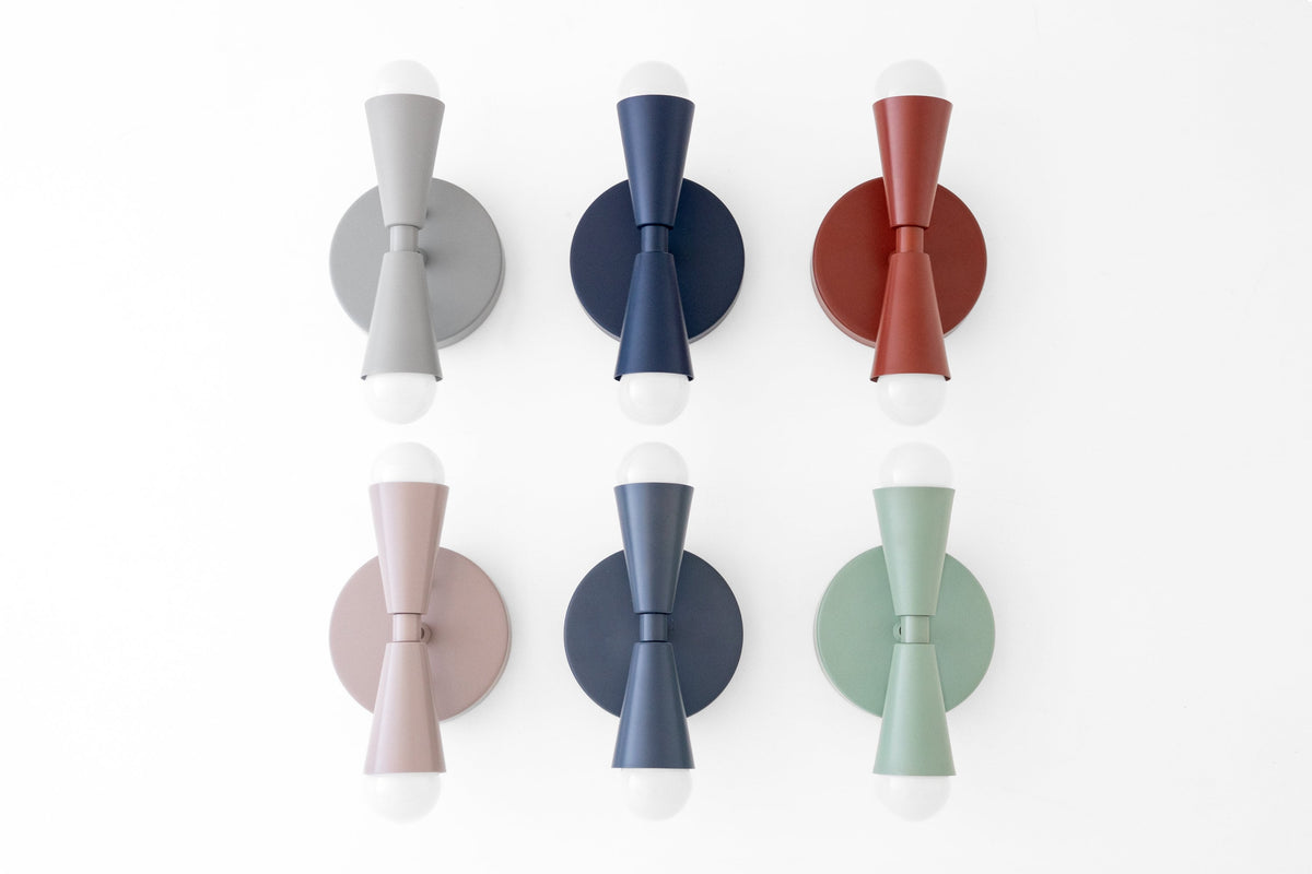 Set of six Art Deco style semi-flush sconces with bare bulbs in brick red, black, coal blue, mauve, navy, and green finishes. - SCONCE MODEL NO. 4717