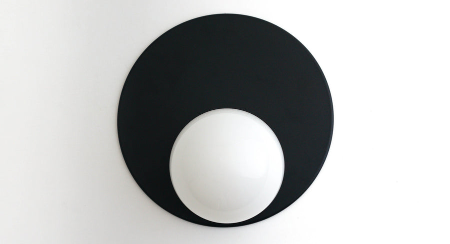 Black matte round wall sconce with white globe light and flush mount design. - SCONCE MODEL NO. 6703