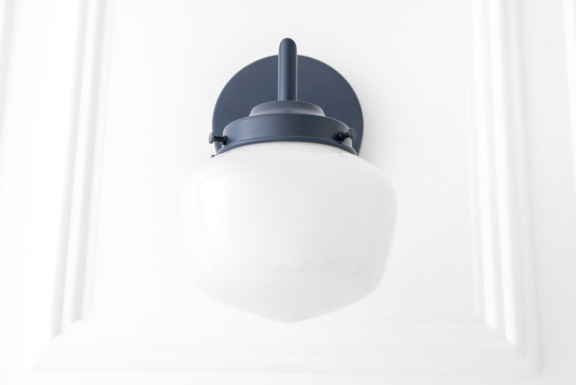 Art Deco semi-flush wall sconce with coal blue metal fixture and white globe shade. - SCONCE MODEL NO. 4260