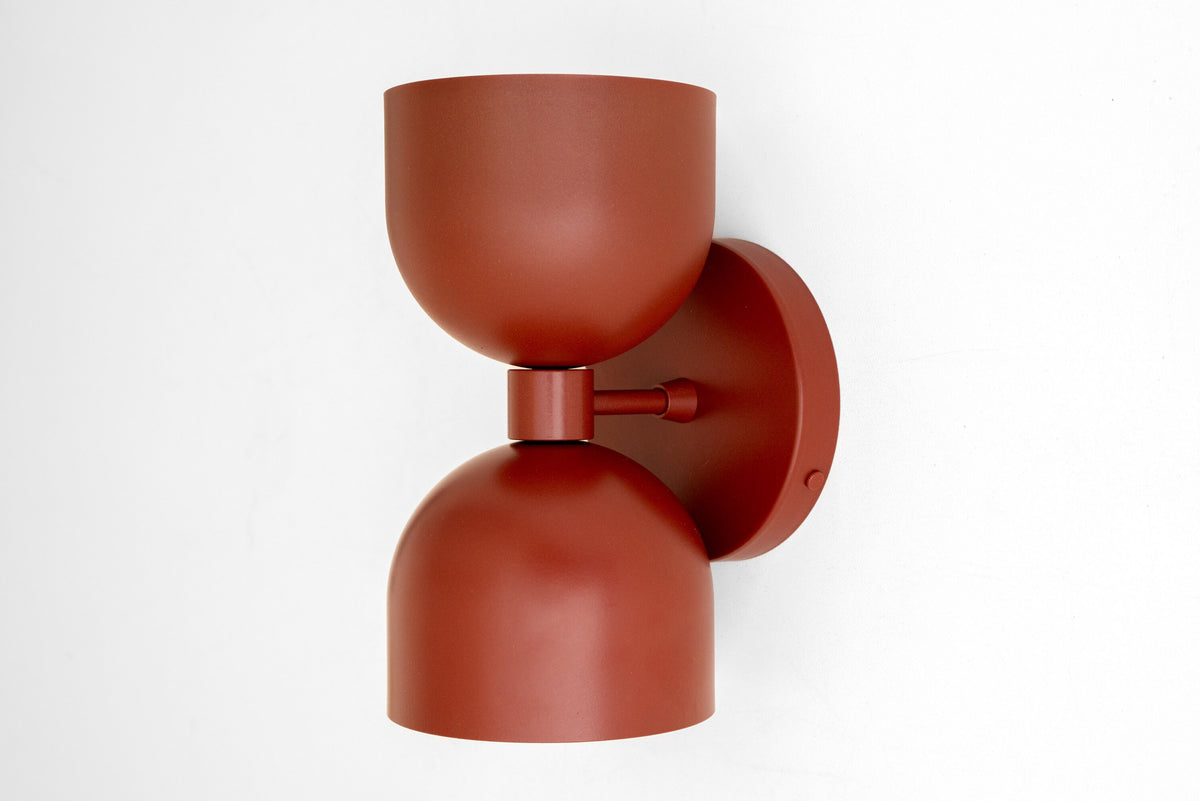 Mid-century modern Brick Red metal sconce with double shade and round wall mount. - SCONCE MODEL NO. 5641