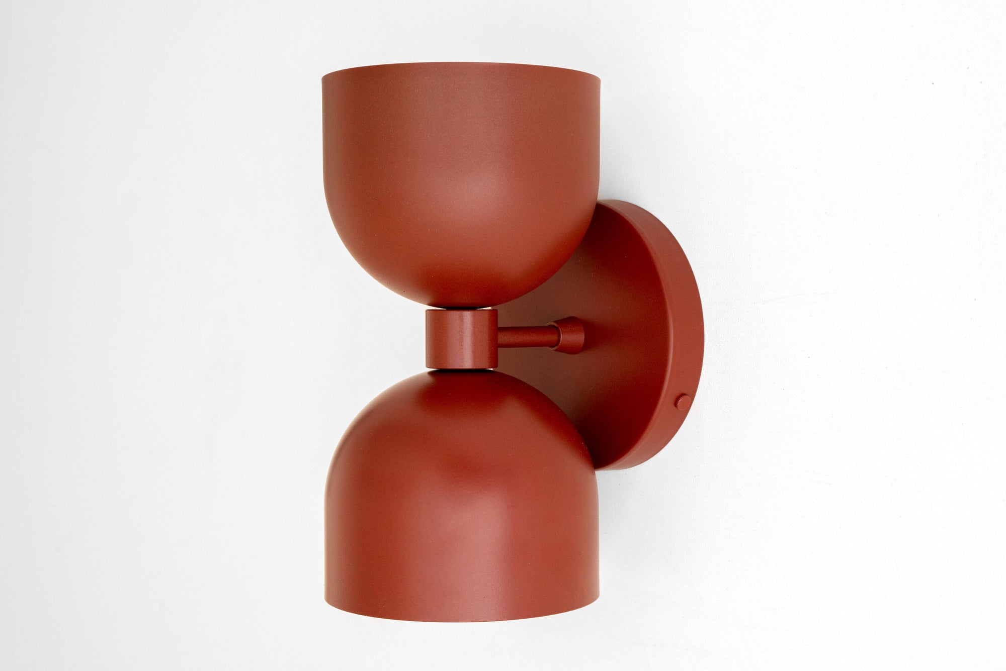 Mid-century modern Brick Red metal sconce with double shade and round wall mount. - SCONCE MODEL NO. 5641