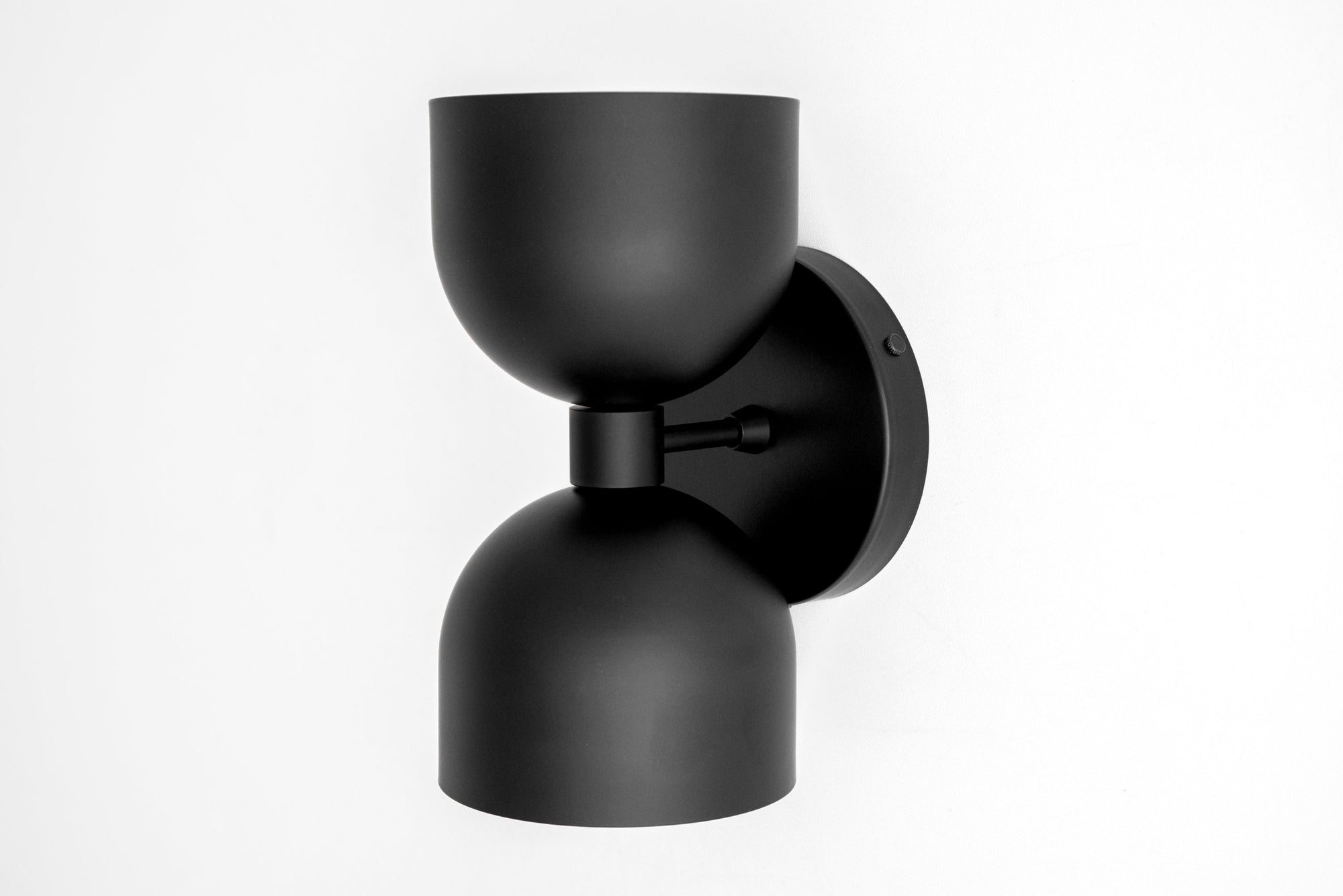 Matte black mid-century modern double shade wall sconce with up/down light design. - SCONCE MODEL NO. 5641