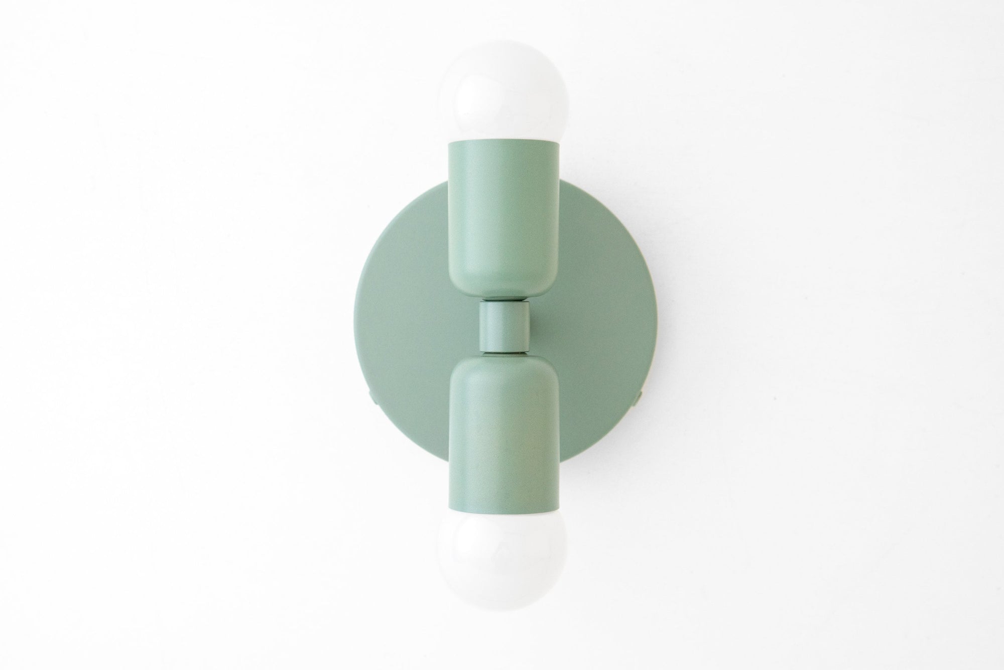 Mid-century modern green metal wall sconce with two exposed bulbs, up and down design. - SCONCE MODEL NO. 2660