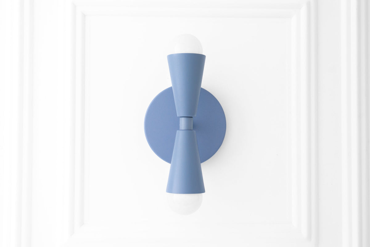 Art Deco blue metal sconce with bare bulbs, semi-flush mount, up/down light design. - SCONCE MODEL NO. 4717