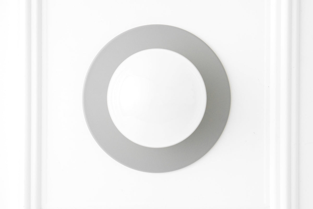 Gray Scandinavian flush mount wall sconce with white frosted globe light. - SCONCE MODEL NO. 2277
