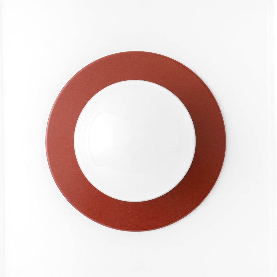 Brick red Scandinavian flush mount sconce with white globe, 8-inch diameter. - SCONCE MODEL NO. 2277