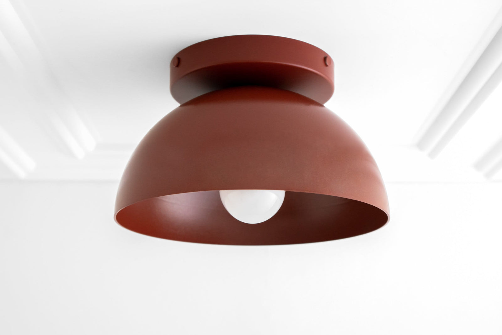 Brick red dome-shaped flush mount ceiling light with smooth matte finish and exposed bulb design. - CEILING LIGHT MODEL NO. 9105