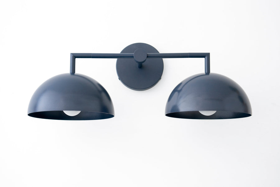 Wall-mounted vanity light with two coal blue dome-shaped shades in Art Deco style. - VANITY LIGHT MODEL NO. 6074