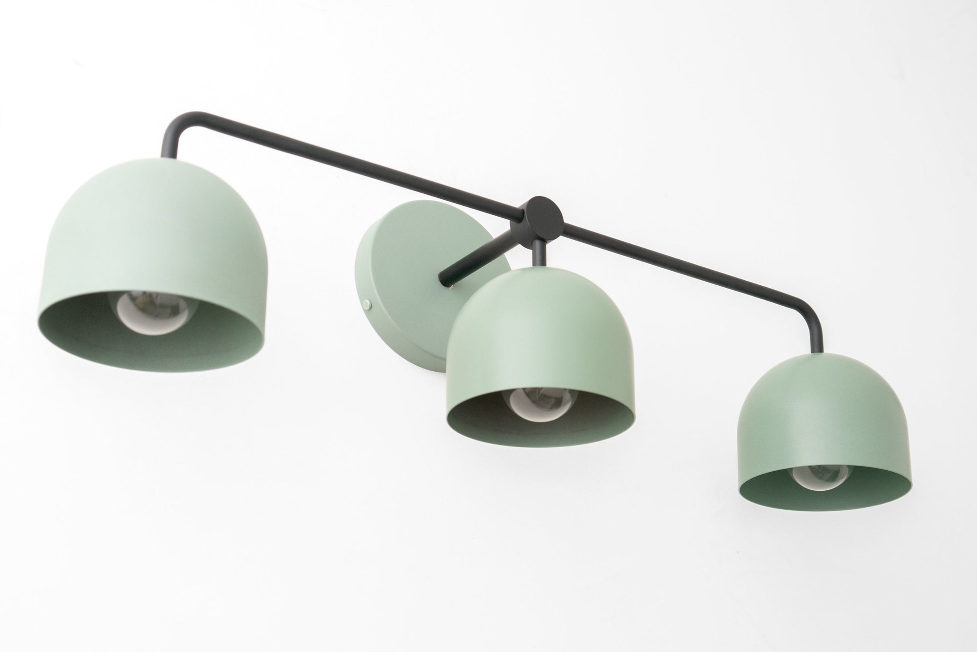 Matte black vanity light fixture with three rounded mint green shades in mid-century modern style. - VANITY LIGHT MODEL NO. 7456