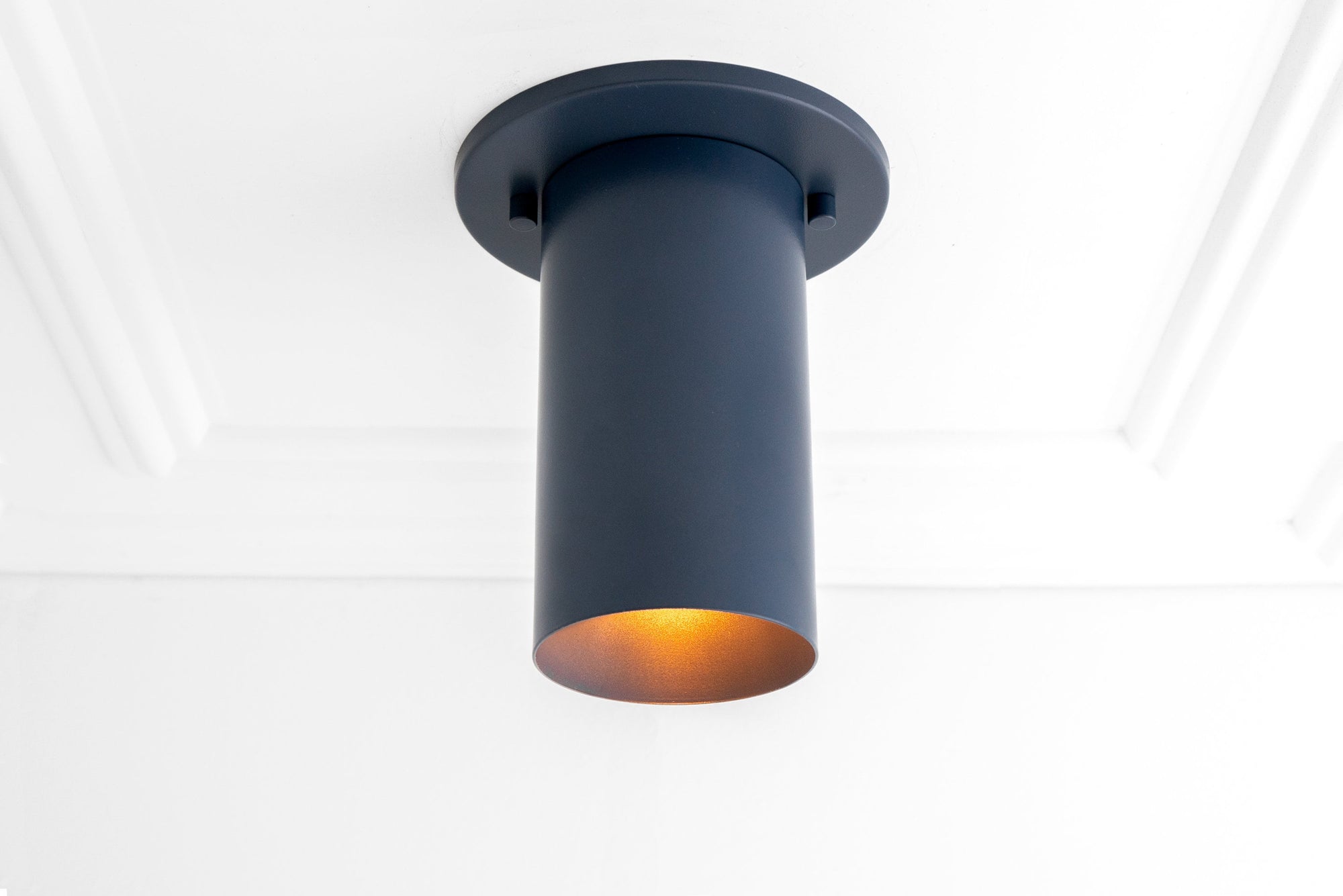 Flush mount ceiling light with matte coal blue cylindrical shade and brass interior. - CEILING LIGHT MODEL NO. 4771