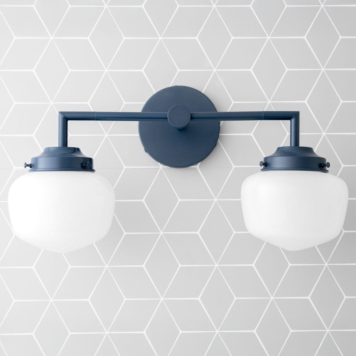 Art Deco style vanity light in coal blue with two round white glass globes and metal wall mount. - VANITY LIGHT MODEL NO. 0276