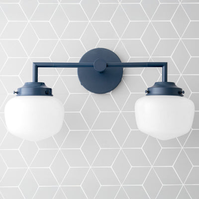 Art Deco style vanity light in coal blue with two round white glass globes and metal wall mount. - VANITY LIGHT MODEL NO. 0276