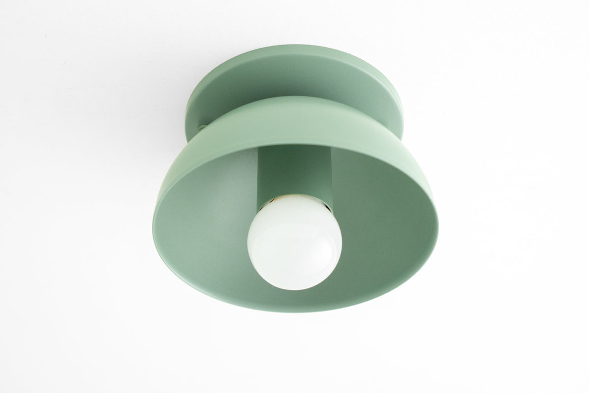 Green flush mount ceiling light with wide conical shade and exposed round bulb. - CEILING LIGHT MODEL NO. 4812