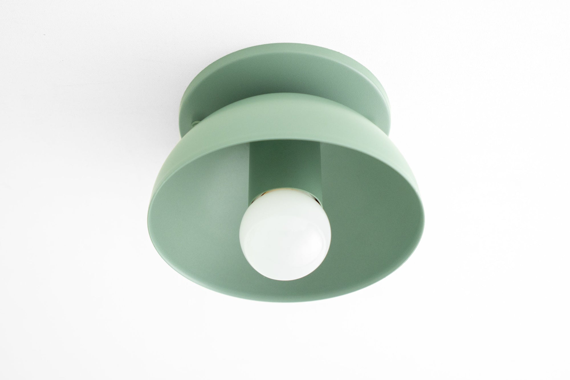 Green flush mount ceiling light with wide conical shade and exposed round bulb. - CEILING LIGHT MODEL NO. 4812