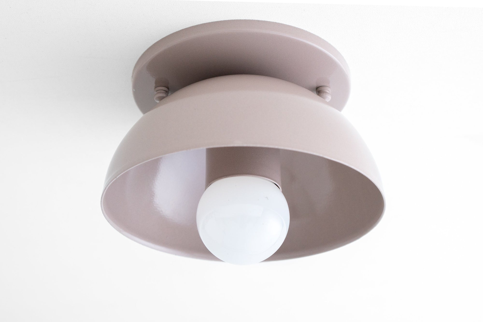 Scandinavian flush mount ceiling light with mauve metal shade and exposed white bulb. - CEILING LIGHT MODEL NO. 4812