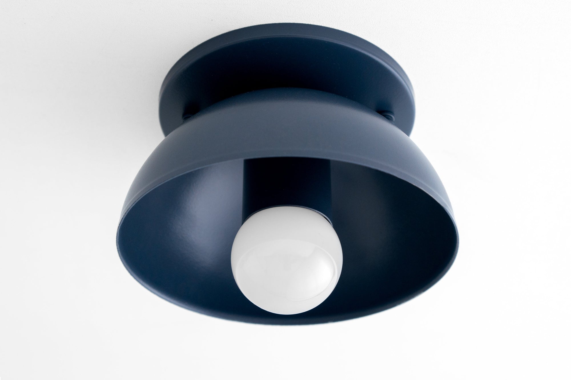 Scandinavian flush mount ceiling light with coal blue metal shade and exposed bulb. - CEILING LIGHT MODEL NO. 4812