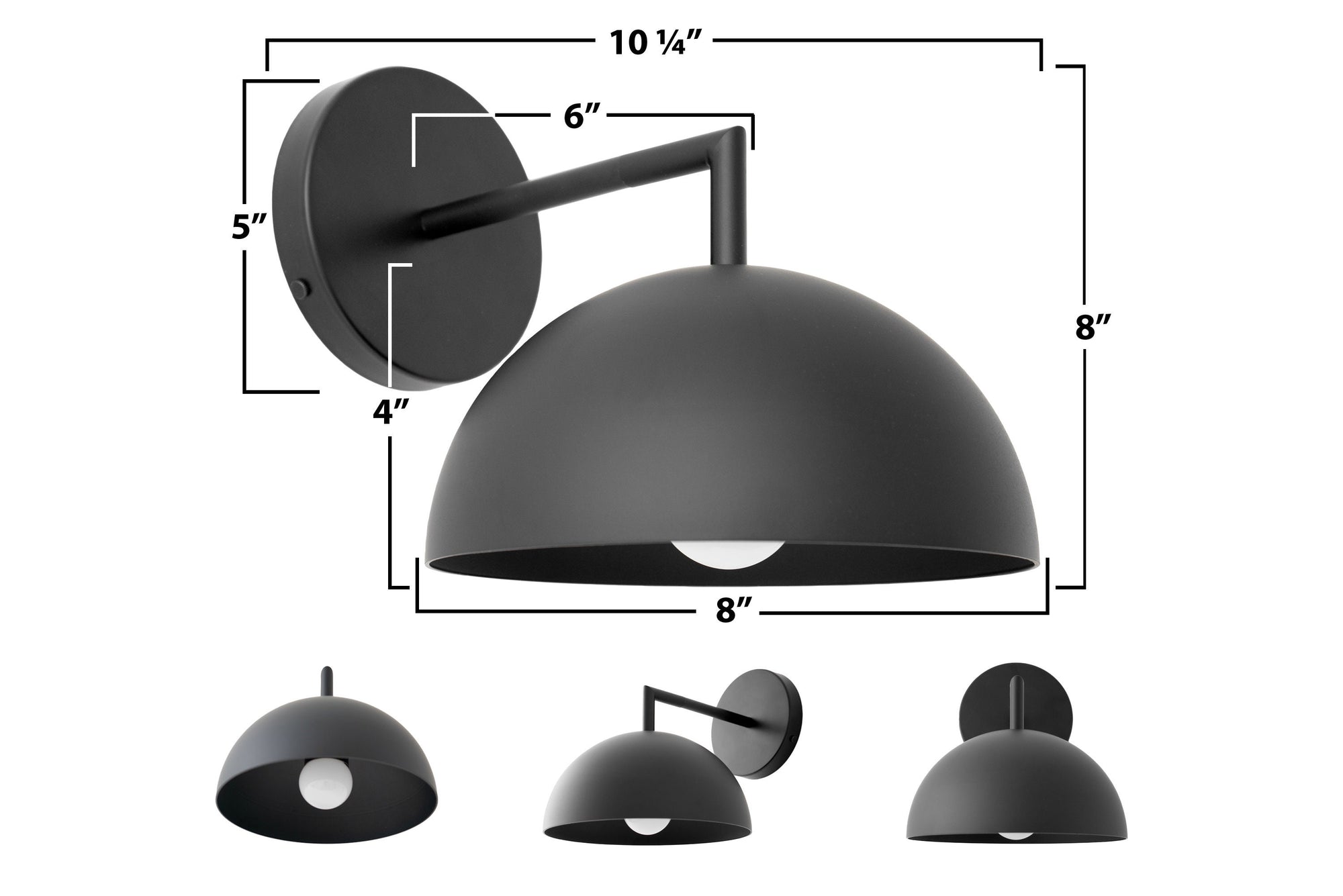 Matte black dome-shaped semi-flush wall sconce with Scandinavian design and metal arm. - SCONCE MODEL NO. 6952