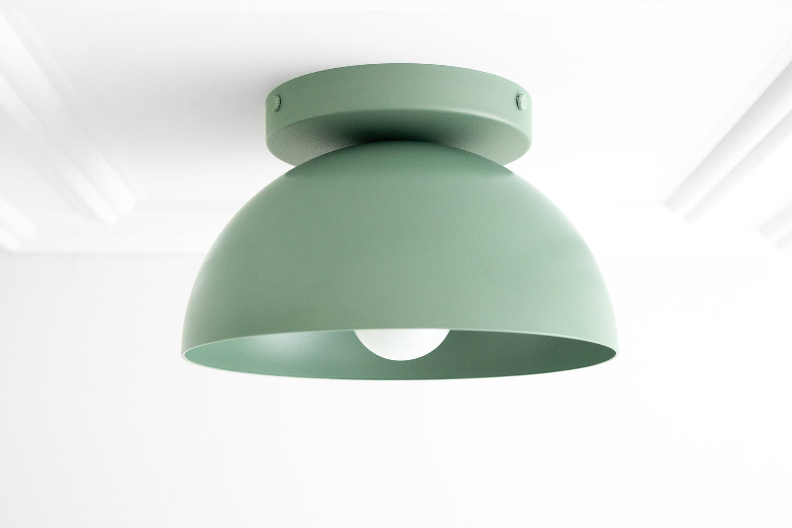 Matte green dome-shaped flush mount ceiling light with exposed bulb and minimalist design. - CEILING LIGHT MODEL NO. 9105