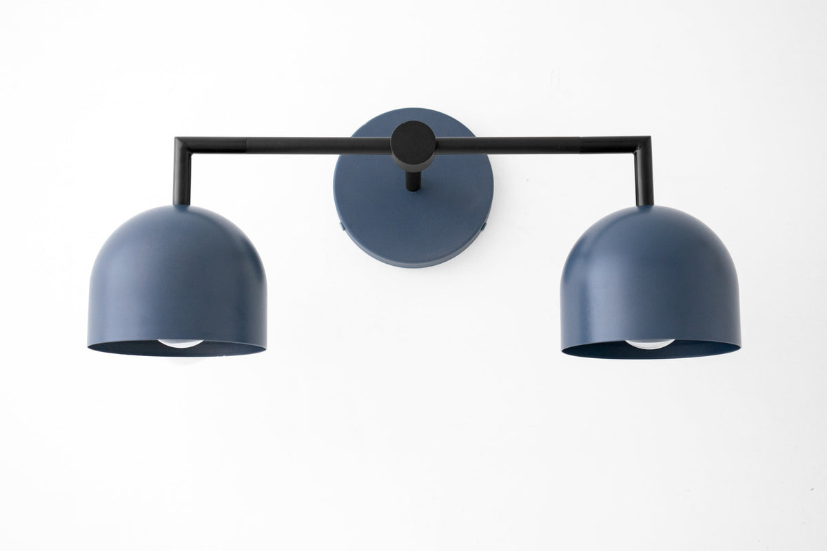 Matte black vanity light with two dome-shaped, deep blue shades in Art Deco style. - VANITY LIGHT MODEL NO. 8432