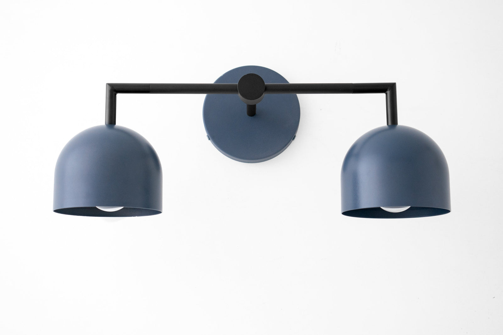 Matte black vanity light with two dome-shaped, deep blue shades in Art Deco style. - VANITY LIGHT MODEL NO. 8432