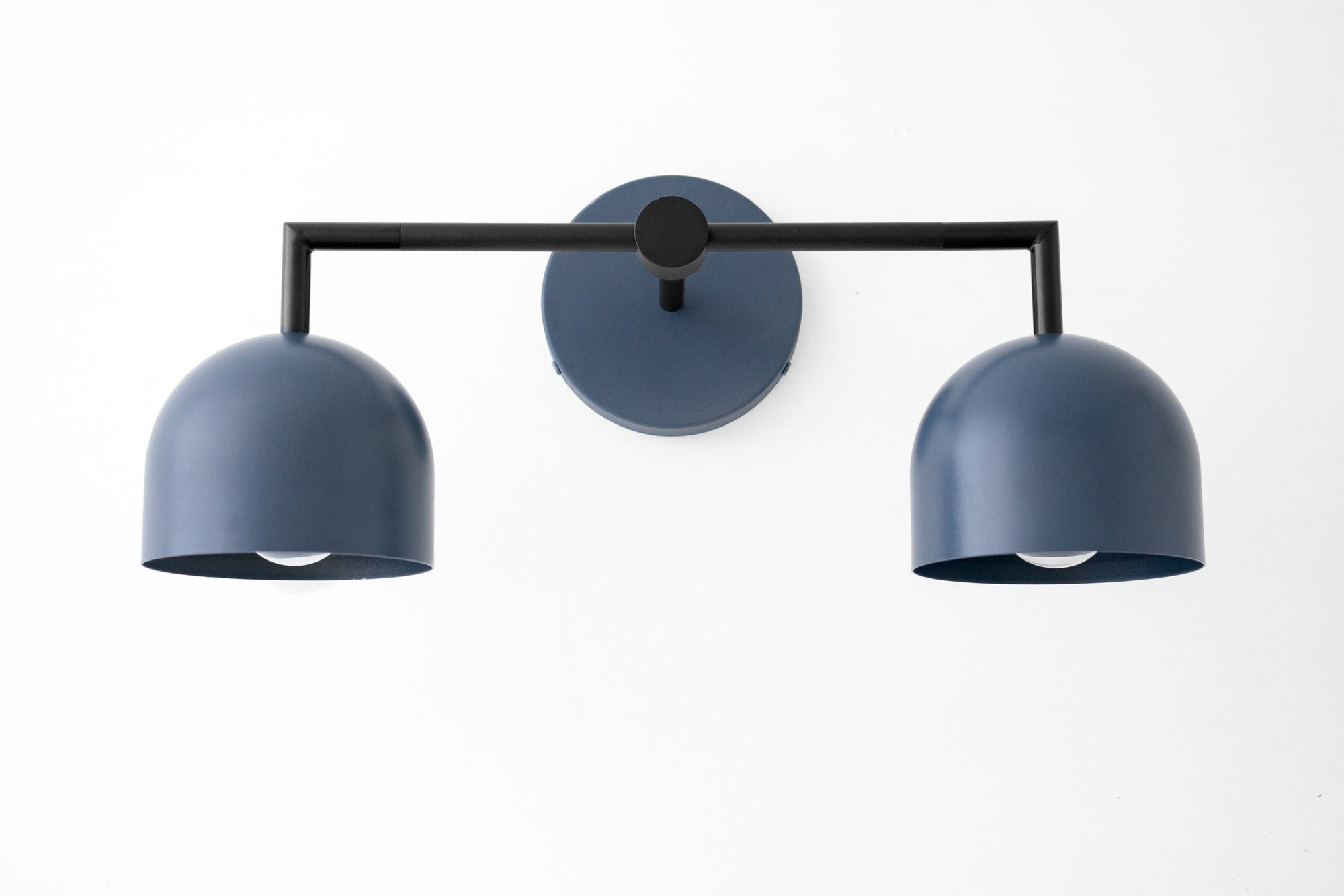 Matte black vanity light with two dome-shaped, deep blue shades in Art Deco style. - VANITY LIGHT MODEL NO. 8432