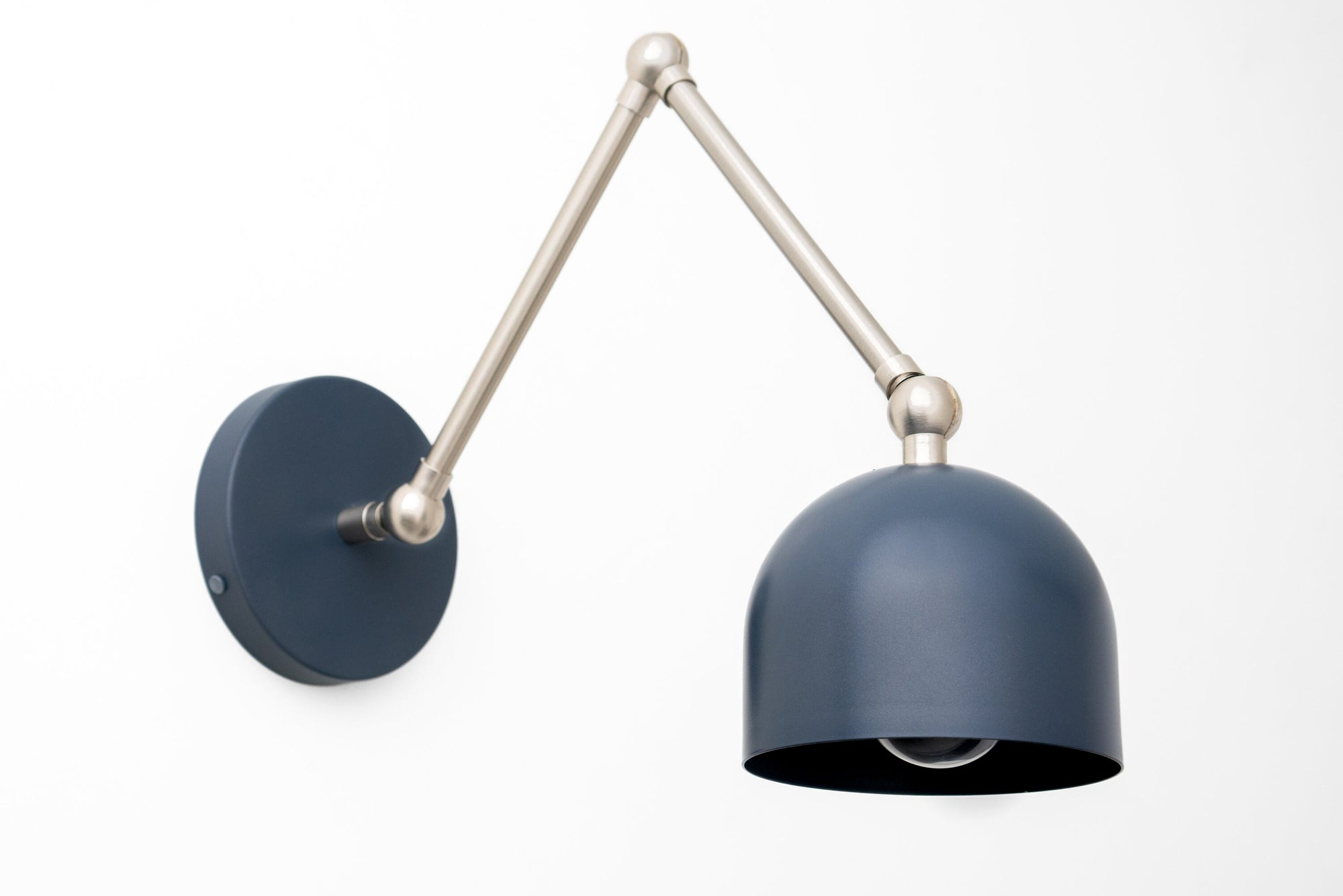 Brushed nickel adjustable arm wall sconce with deep blue metal dome shade and round base. - SCONCE MODEL NO. 5998