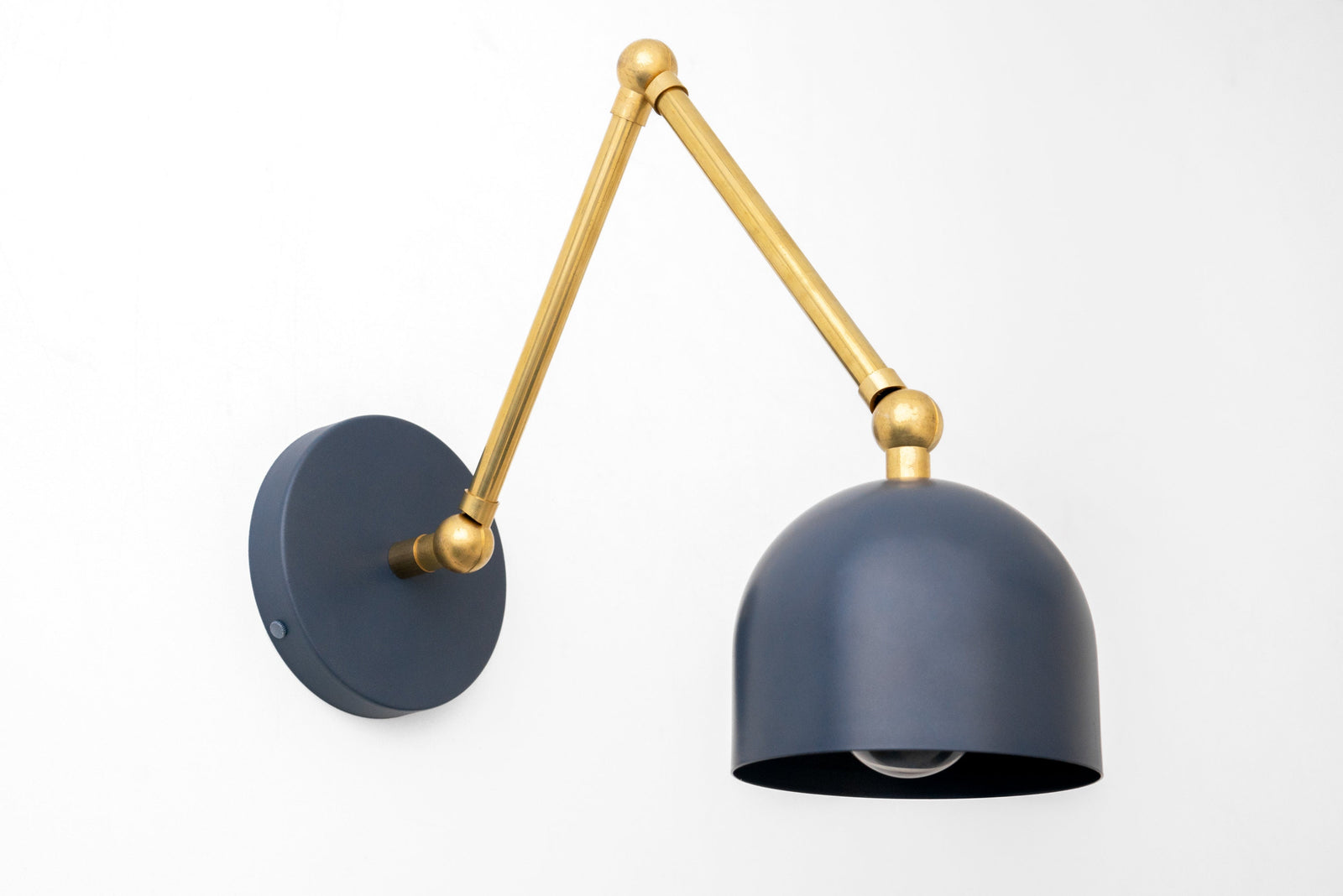 Adjustable wall sconce with raw brass arm and coal blue dome-shaped shade. - SCONCE MODEL NO. 5998