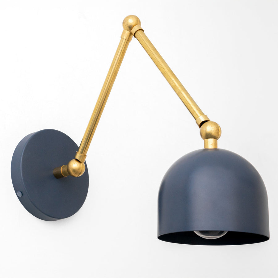 Adjustable industrial wall sconce with coal blue dome shade and raw brass articulated arm and wall mount. - SCONCE MODEL NO. 5998