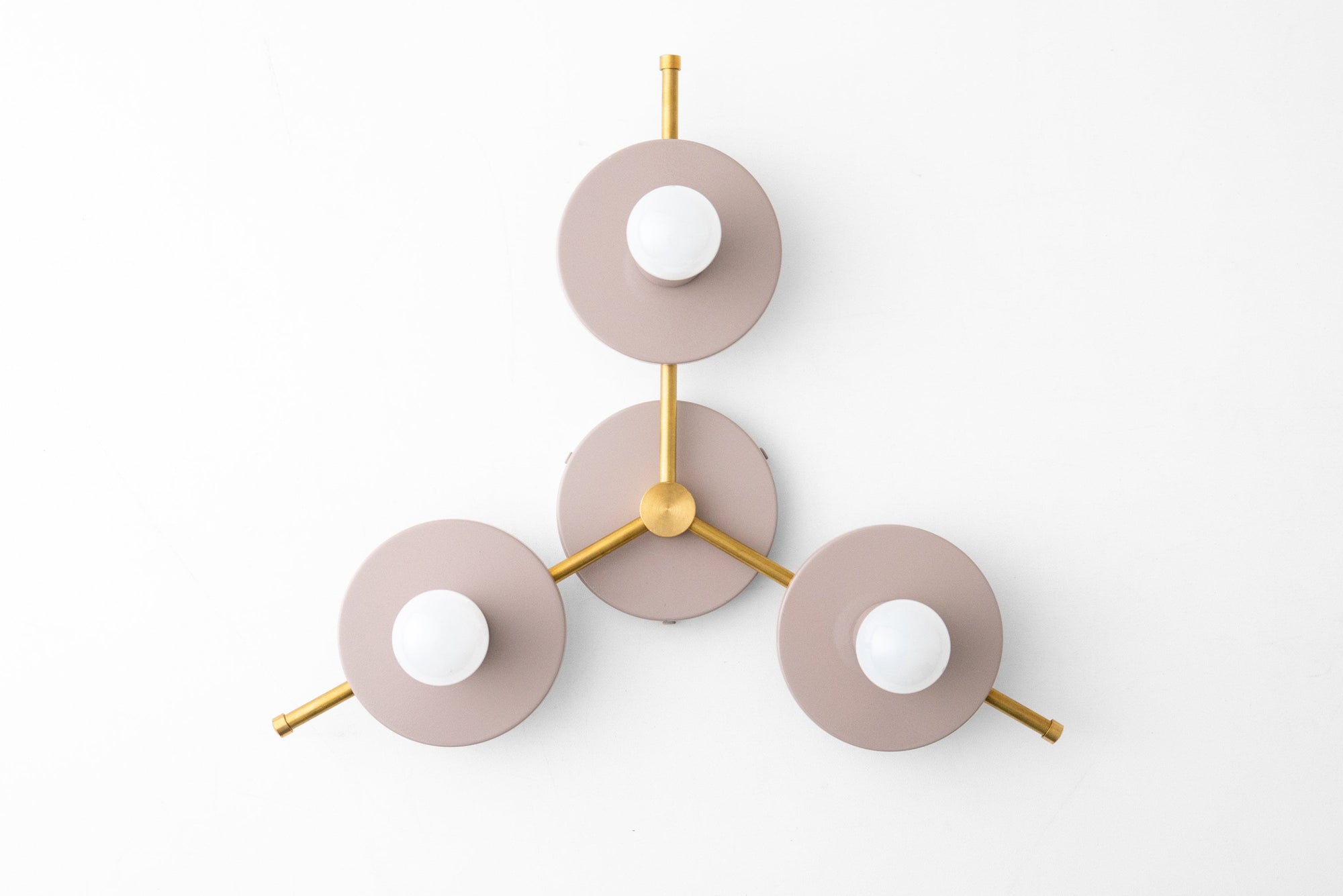 Mid-century modern chandelier with three mauve bare bulb shades and raw brass accents flush mounted. - CHANDELIER MODEL NO. 9526