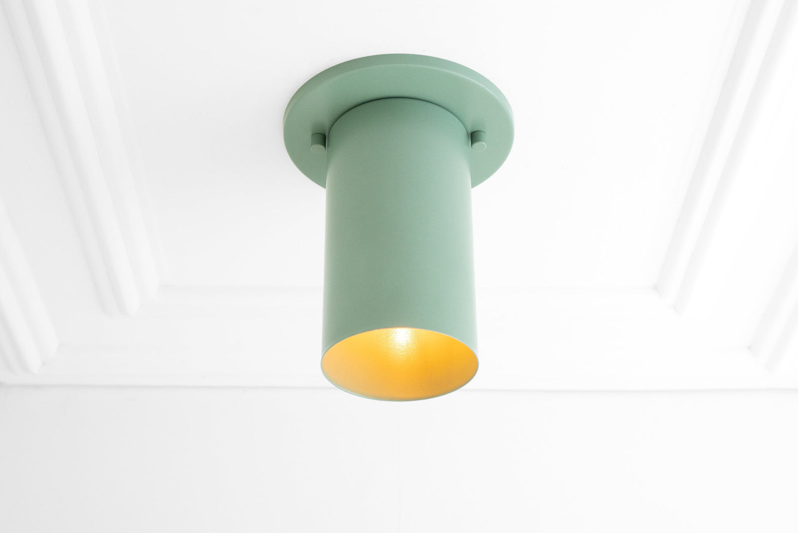Matte green cylindrical flush mount ceiling light with gold interior shade. - CEILING LIGHT MODEL NO. 4771