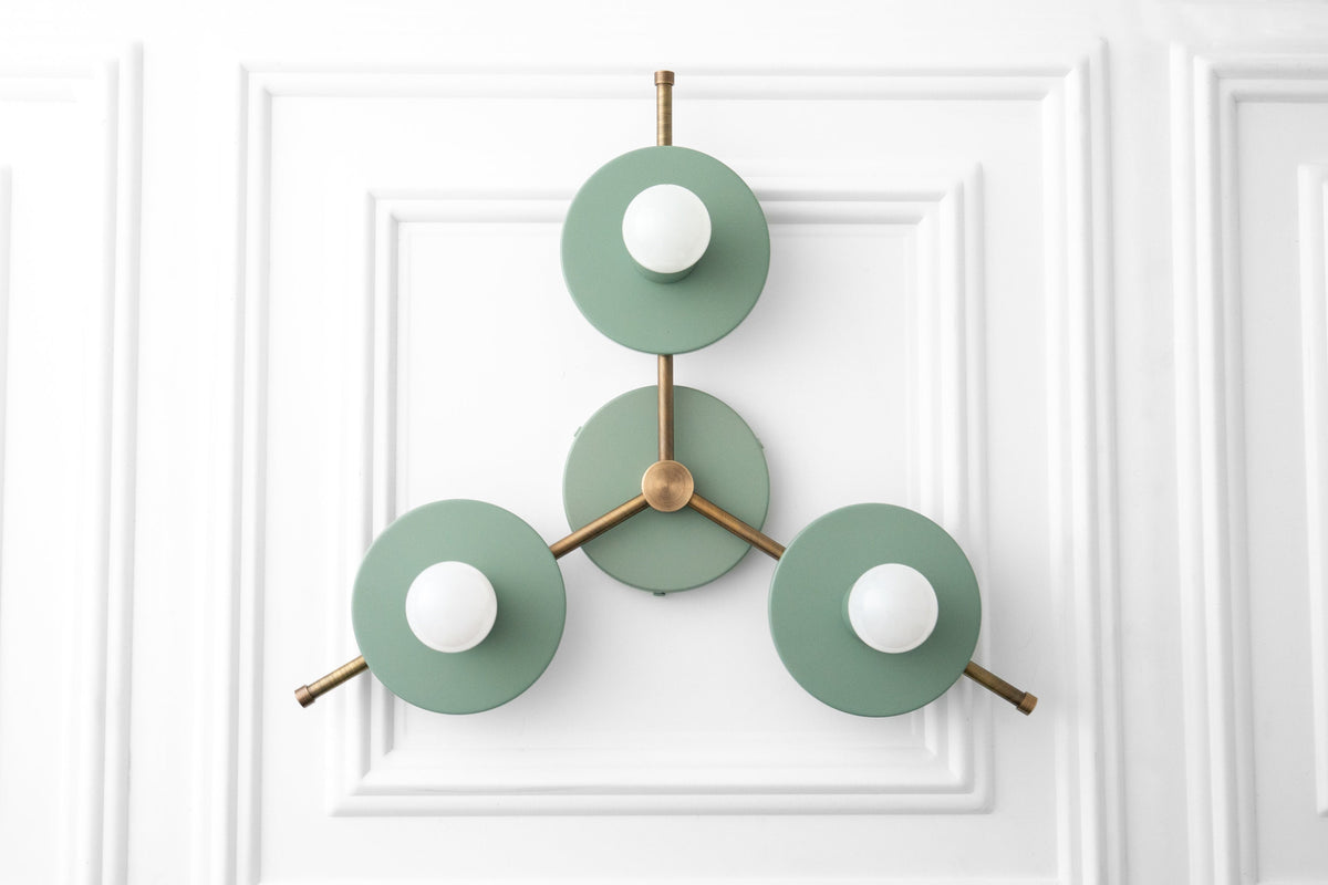 Mid-century modern flush mount chandelier with three antique brass arms and green round metal shades. - CHANDELIER MODEL NO. 9526