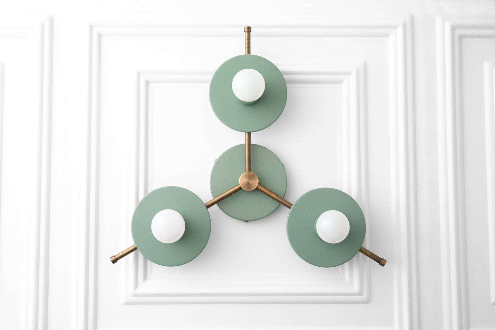 Mid-century modern flush mount chandelier with three antique brass arms and green round metal shades. - CHANDELIER MODEL NO. 9526