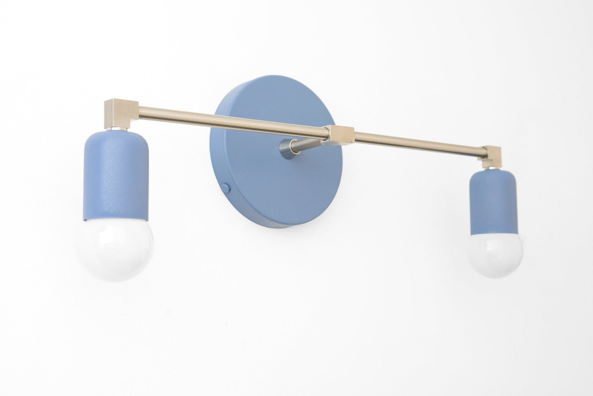 Mid-century modern 2-bulb vanity light in coal blue and brushed nickel with bare bulbs. - VANITY LIGHT MODEL NO. 0026