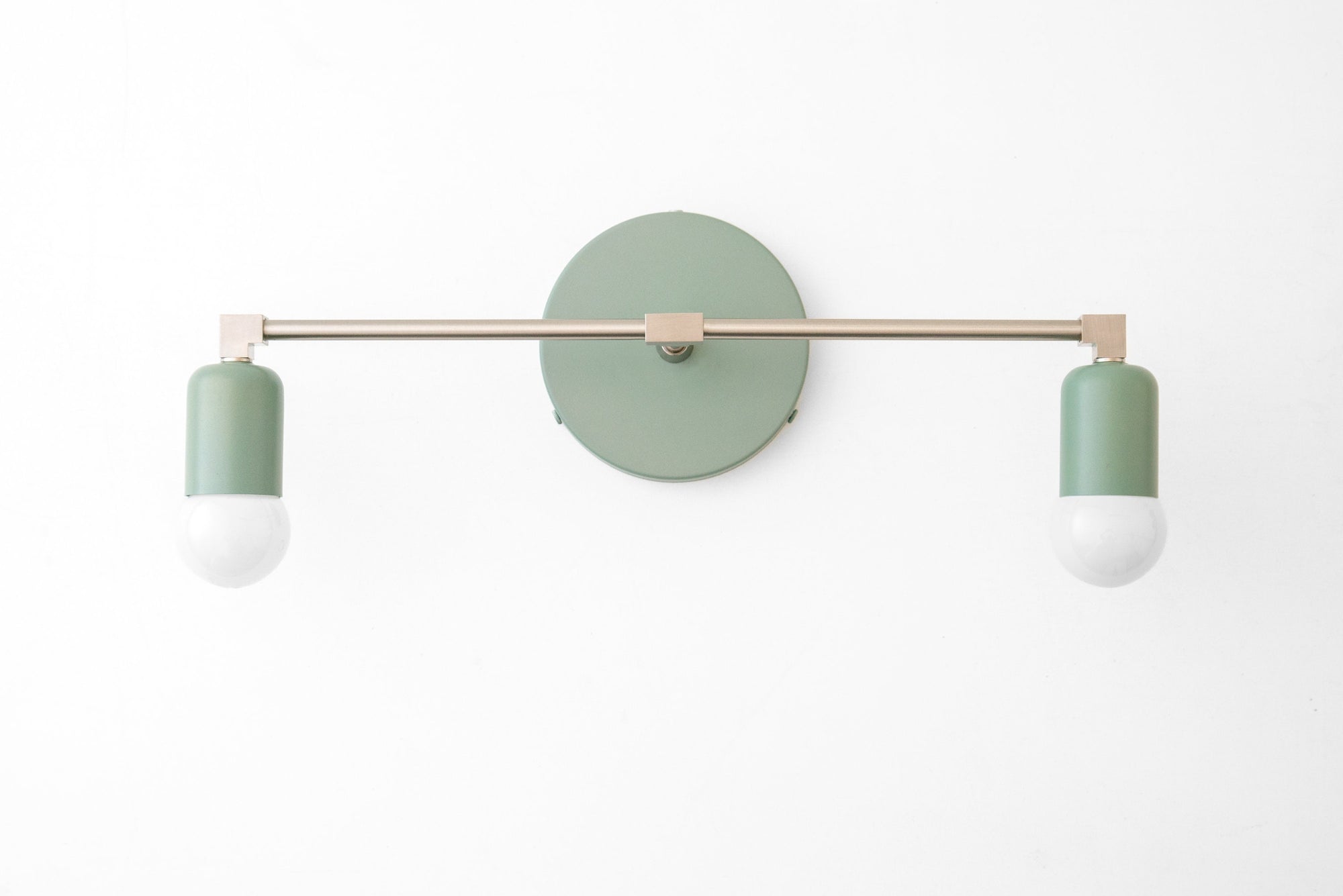 Mid-century modern 2-bulb vanity light in sage green with brushed nickel finish. - VANITY LIGHT MODEL NO. 0026