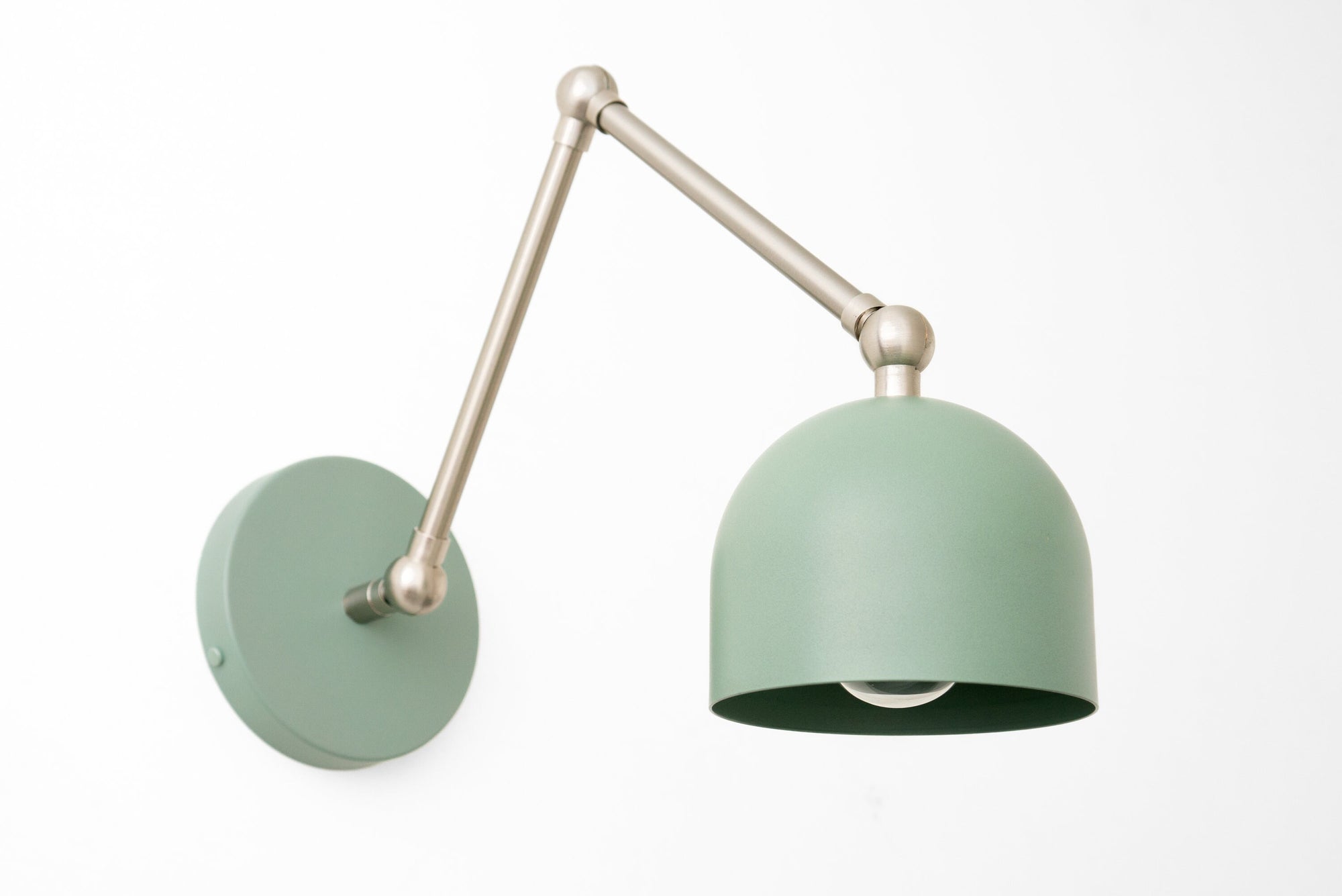 Adjustable industrial wall sconce with brushed nickel arm and matte green dome shade. - SCONCE MODEL NO. 5998