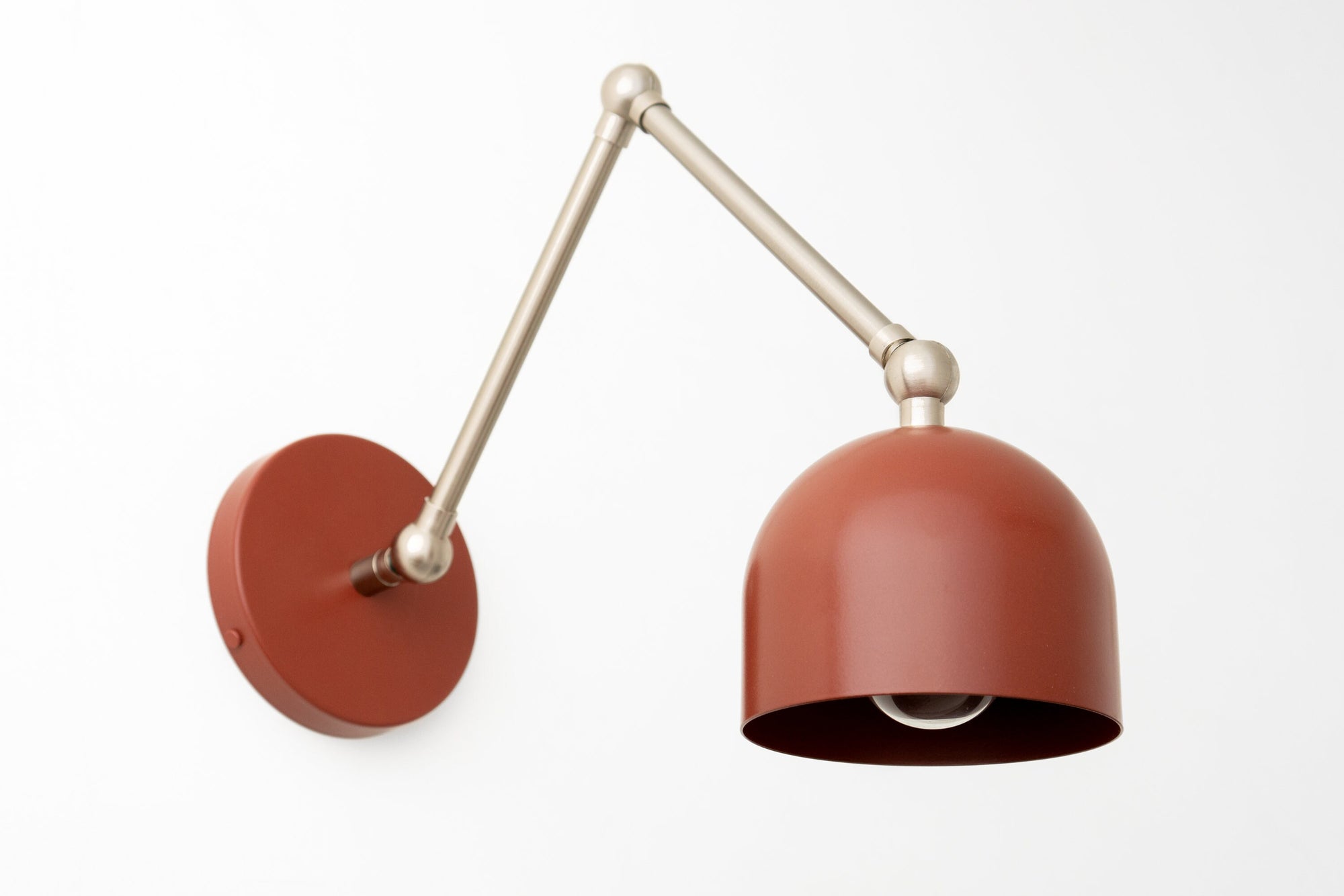 Brushed nickel adjustable industrial sconce with brick red dome shade and wall mount. - SCONCE MODEL NO. 5998