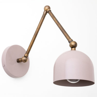 Antique brass adjustable arm wall sconce with mauve dome shade and round wall mount. - SCONCE MODEL NO. 5998