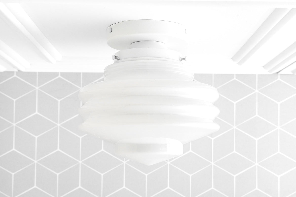 White Art Deco flush mount ceiling light with layered globe design and matte finish. - CEILING LIGHT MODEL NO. 2169