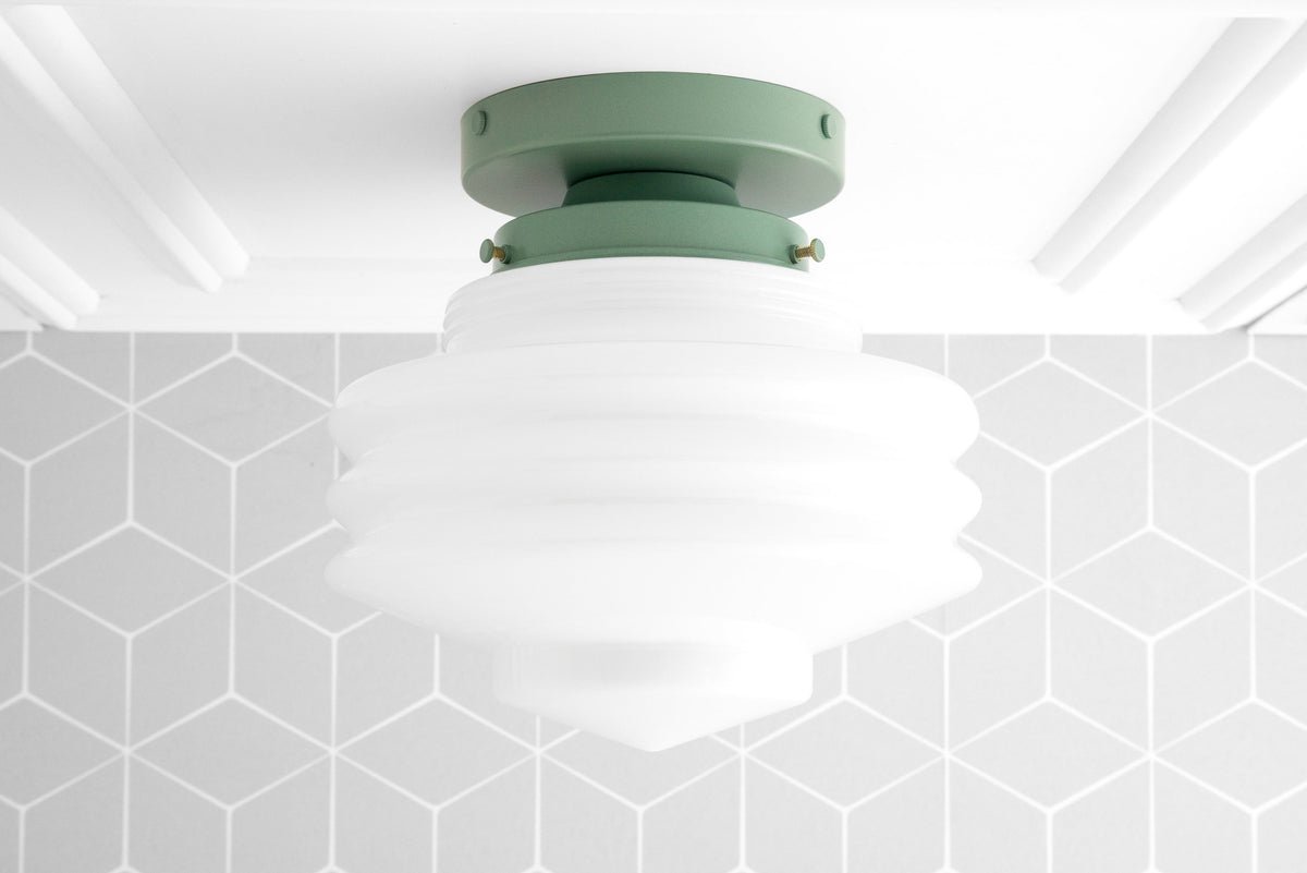Art Deco flush mount ceiling light with white tiered glass globe and matte green fixture. - CEILING LIGHT MODEL NO. 2169