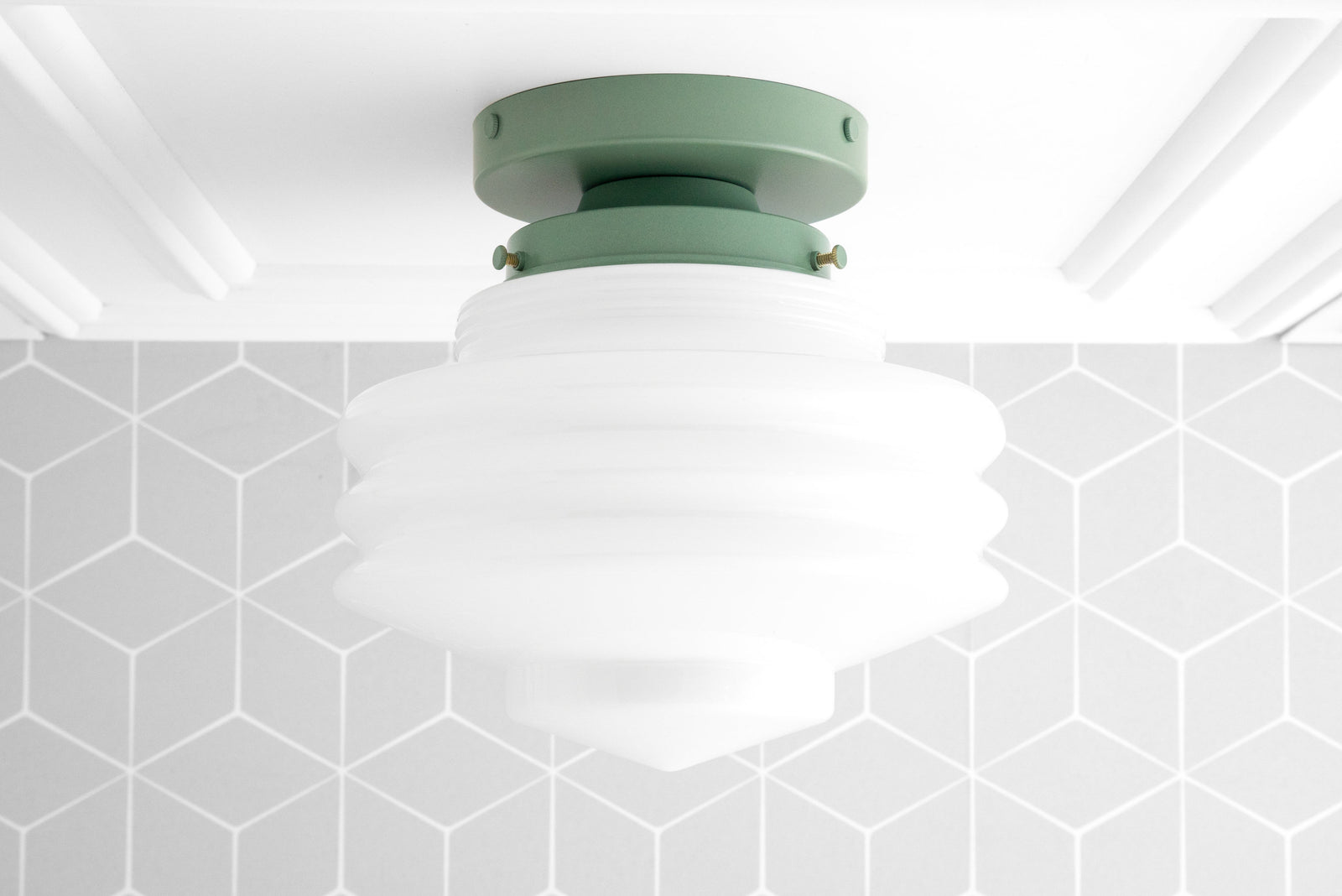 Art Deco flush mount ceiling light with white tiered glass globe and matte green fixture. - CEILING LIGHT MODEL NO. 2169